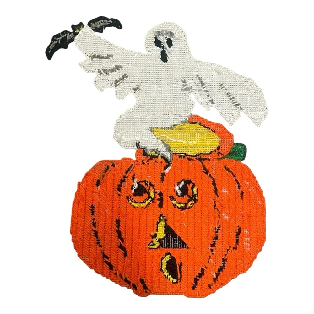 VTG 80's Halloween Handmade Cross Stitch Pumpkin Ghost Decor Large 18